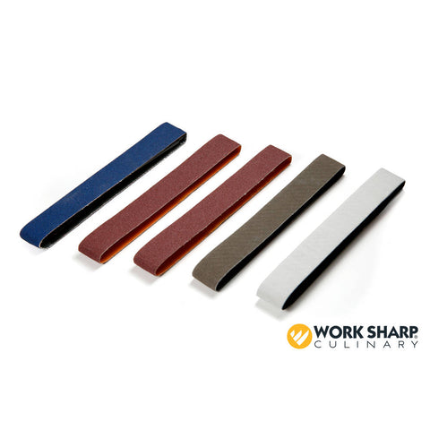 Affuteur Master Belt Kit Worksharp Abrasifs : 1 bande zirconium bleue , 2 bandes rouges P120, 1 Bande grise X35, 1 Bande blanche X4
