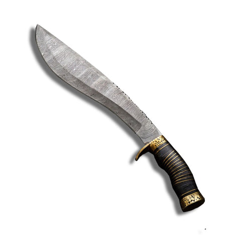 couteau chasse kukri damas motif twist et garde en laiton