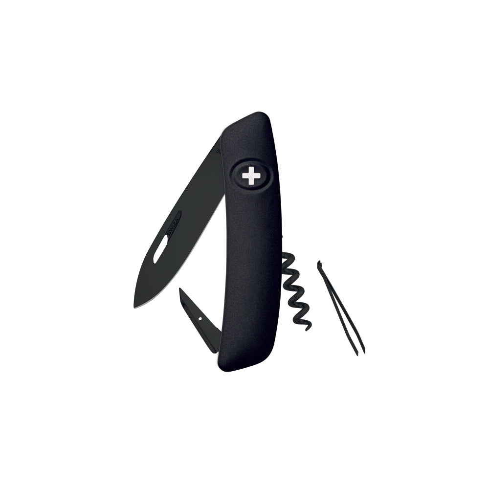 Couteau Suisse D01 ALLBLACK noir Manche Soft Touch Swiza 6 fonctions : Lame de 75mm avec blocage de sécurité, Alêne coupante avec poinçon, Aiguille à chas, Tire-bouchon qualité sommelier, Pincette. Blocage de sécurité par la croix. Tous les outils sont revêtus d'un traitement PVD noir