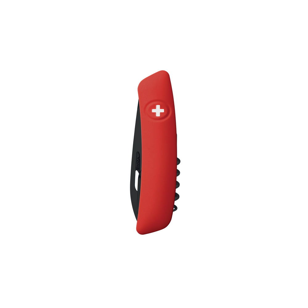 Couteau Suisse D01 ALLBLACK rouge Manche Soft Touch Swiza 6 fonctions : Lame de 75mm avec blocage de sécurité, Alêne coupante avec poinçon, Aiguille à chas, Tire-bouchon qualité sommelier, Pincette. Blocage de sécurité par la croix