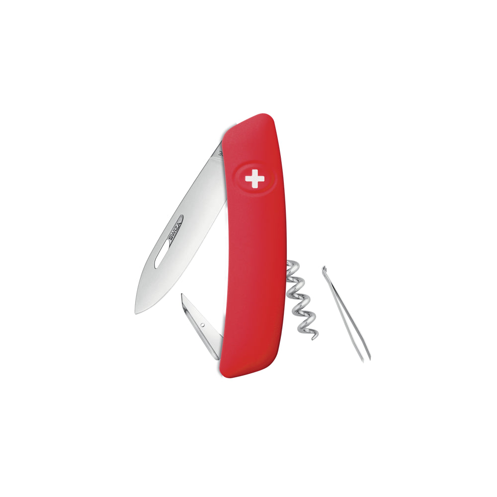 Couteau Suisse D01 rouge Manche Soft Touch Swiza 6 fonctions : Lame de 75mm avec blocage de sécurité, Alêne coupante avec poinçon, Aiguille à chas, Tire-bouchon qualité sommelier, Pincette. Blocage de sécurité par la croix