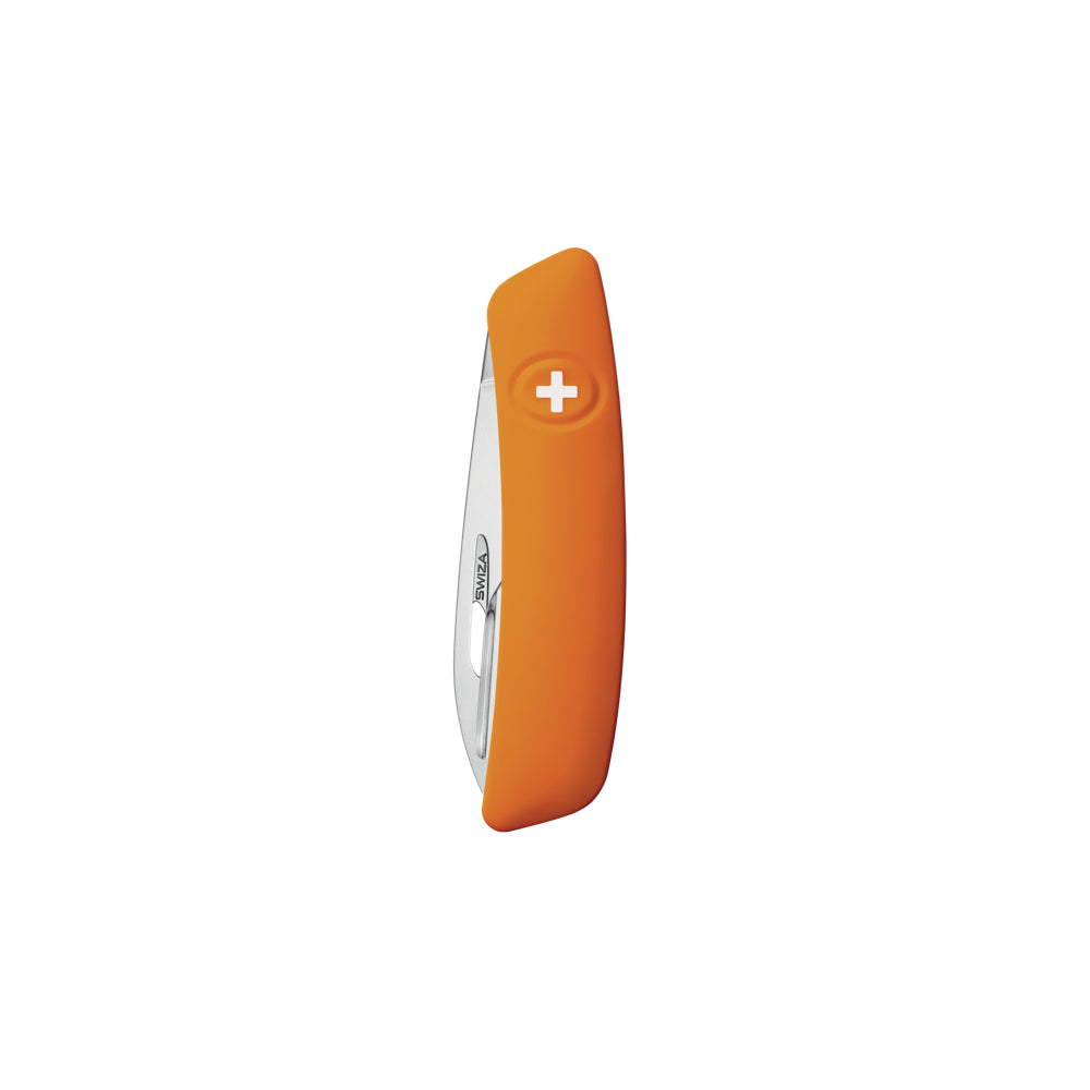 Couteau Suisse D02 orange Manche Soft Touch Swiza 6 fonctions : Lame de 75mm avec blocage de sécurité, Alêne coupante avec poinçon, Aiguille à chas, Tournevis Philips n°1-3, Pincette. Blocage de sécurité par la croix
