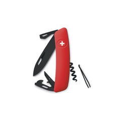 Couteau Suisse D03 ALLBLACK rouge Manche Soft Touch Swiza 11 fonctions : Lame de 75mm avec blocage de sécurité, Alêne coupante avec poinçon, Aiguille à chas, Décapsuleur avec un tournevis n°3 et un plioir à fil, Ouvre-boîtes avec tournevis n°1, Tire-bouchon qualité sommelier, Pincette. Blocage de sécurité par la croix. Tous les outils sont revêtus d'un traitement PVD noir