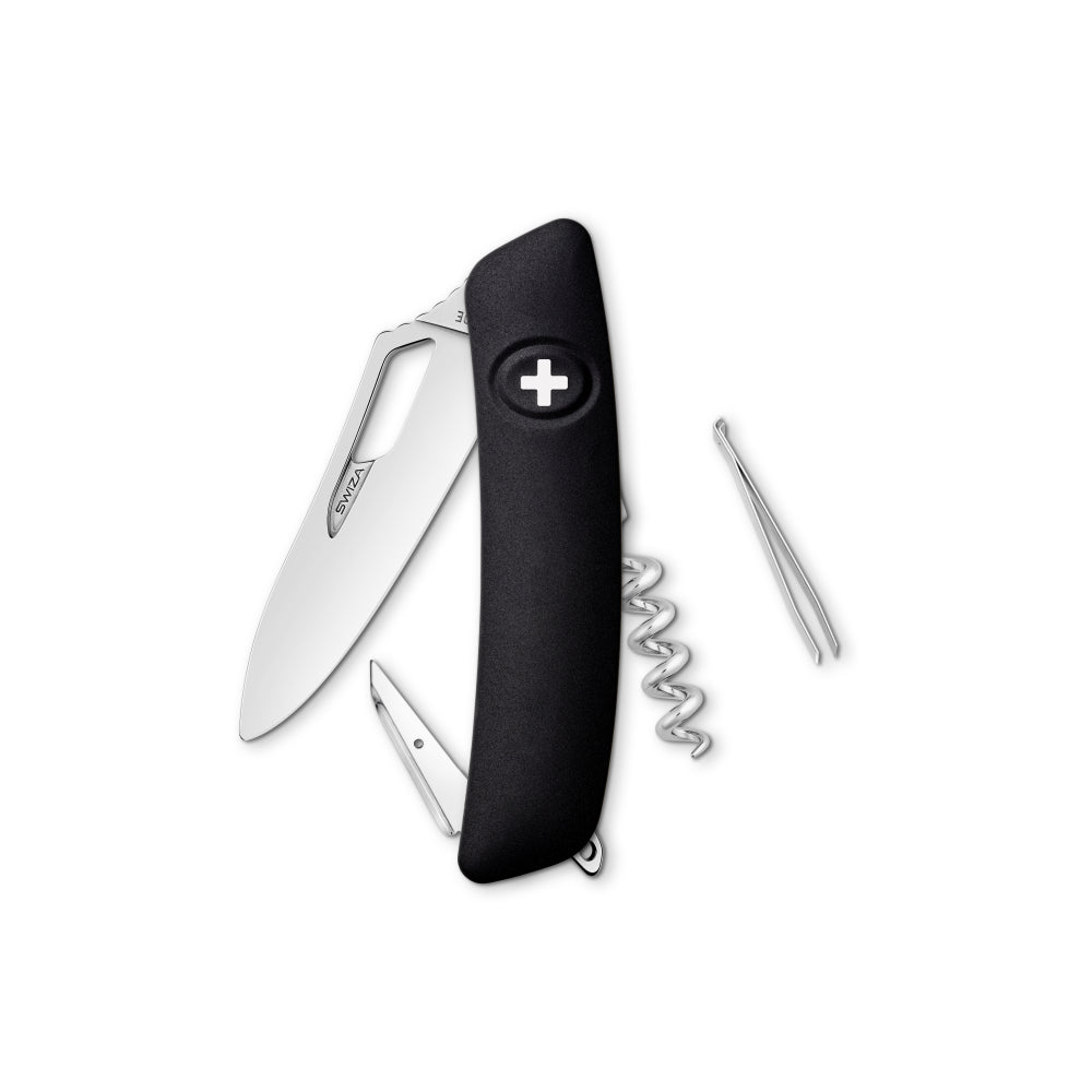 Couteau Suisse H01R noir Manche Soft Touch Swiza 6 fonctions : tire-bouchon "Sommelier", perforateur avec aiguille à coudre, anneau, lame 75mm, pincette 47mm.