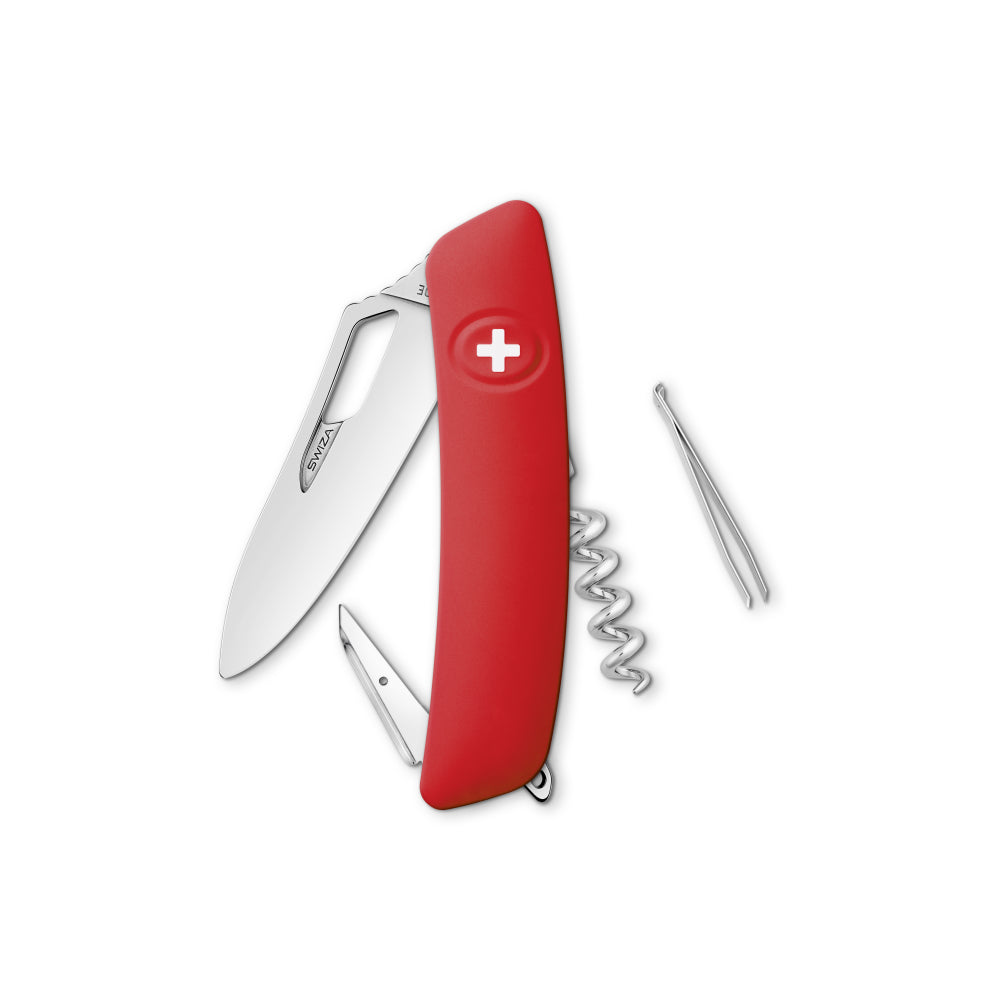 Couteau Suisse H01R rouge Manche Soft Touch Swiza 6 fonctions : tire-bouchon "Sommelier", perforateur avec aiguille à coudre, anneau, lame 75mm, pincette 47mm.