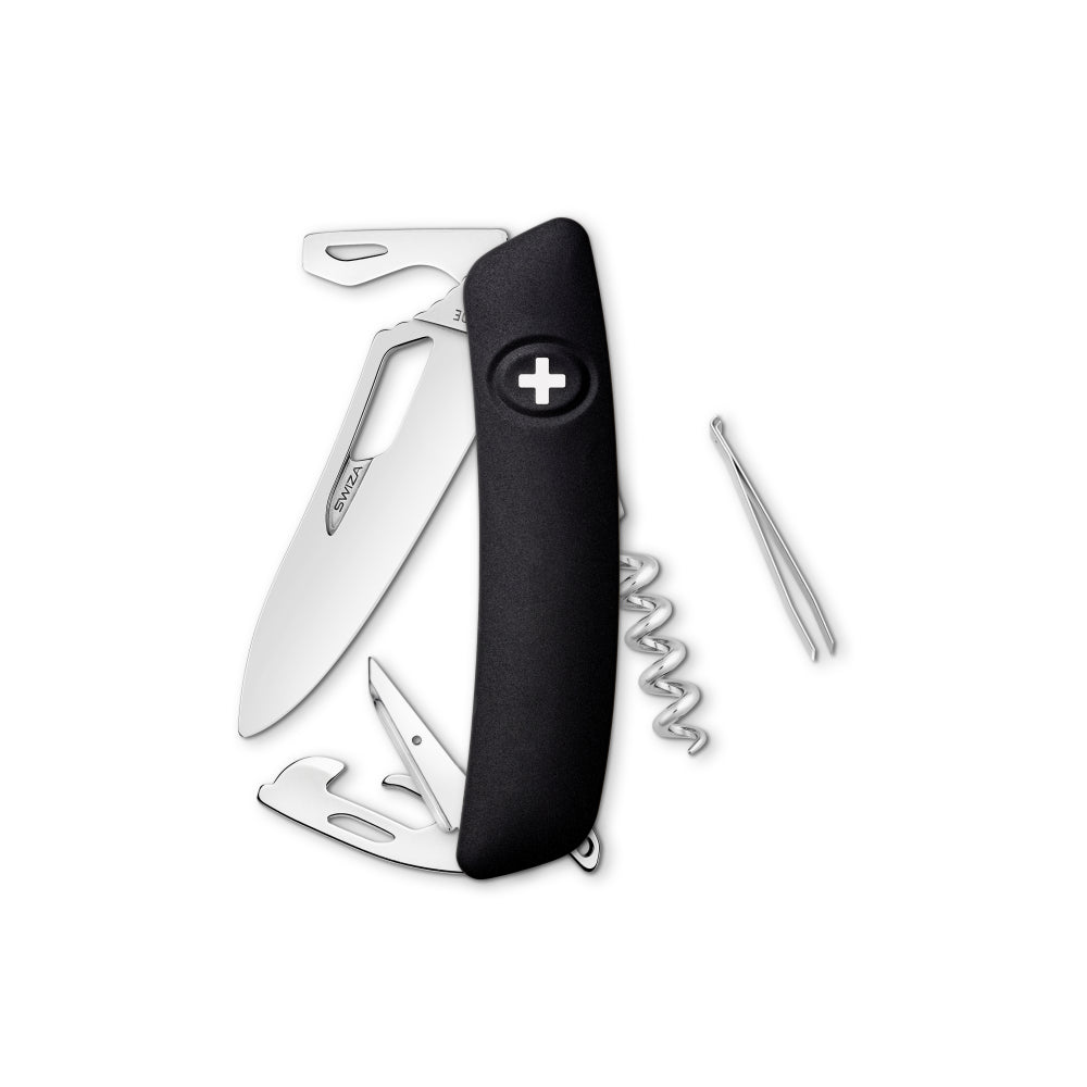 Couteau Suisse H03R noir Manche Soft Touch Swiza 11 fonctions : tire-bouchon "Sommelier", décapsuleur et  coupe-fil, ouvre-boîte, poinçon avec aiguille à coudre, anneau, lame à une main 95mm, pincette 47mm, tournevis.