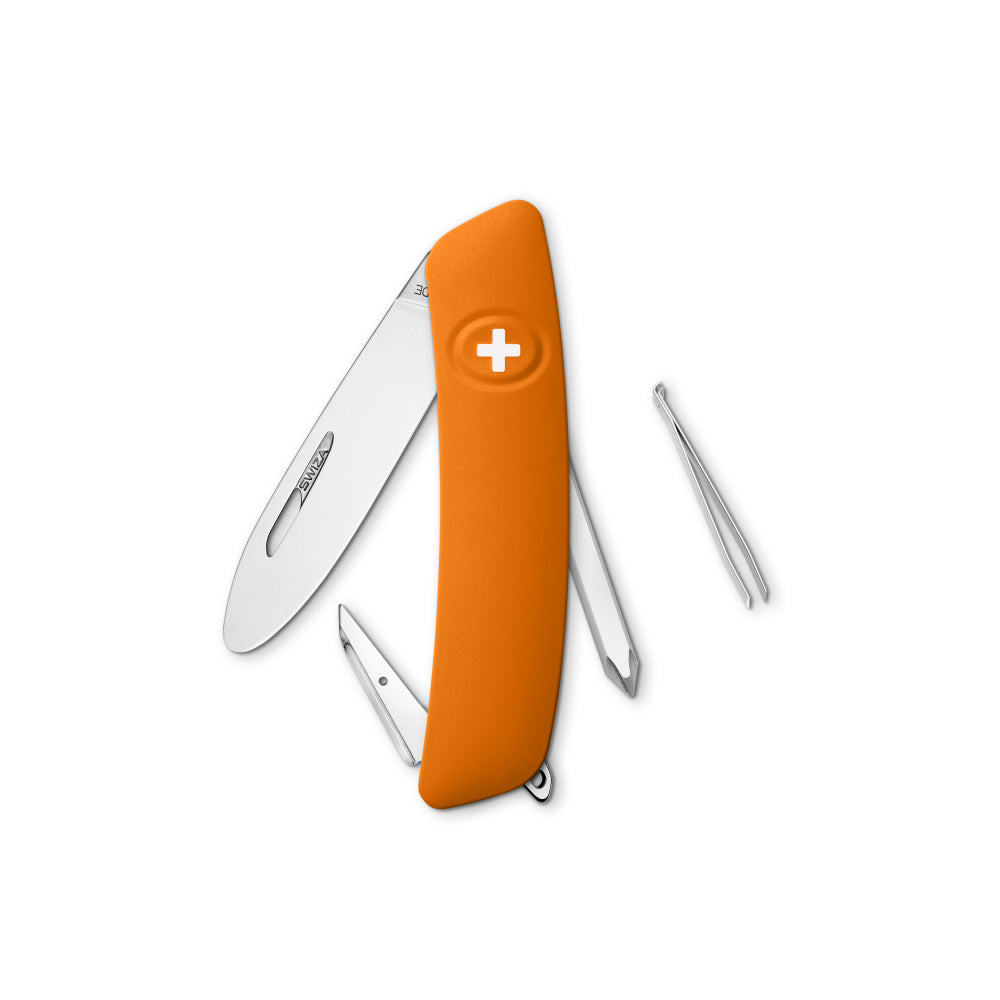 Couteau Suisse J02 Junior orange Manche Soft Touch Swiza 6 fonctions : Lame de 72mm avec blocage de sécurité et bout rond, Alêne coupante avec poinçon moins aiguisé, Aiguille à chas, Tournevis Philips n°1-3, Pincette. Blocage de sécurité par la croix