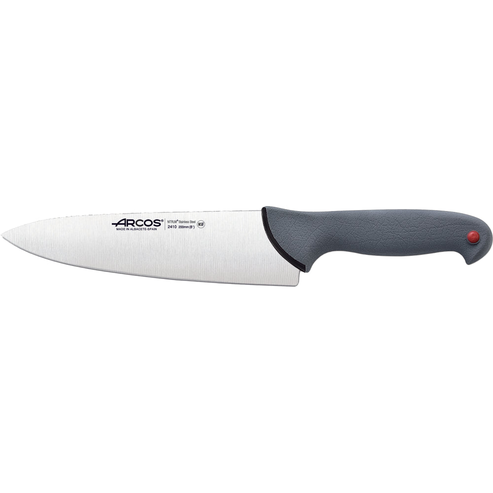Couteau de Chef Colour Prof 200mm Manche Polypropylène/Elastomère Arcos Chaque couteau peut être identifié selon laliment à couper avec les clips de couleur en polypropylène, permettant un meilleur contrôle sanitaire pour les consommateurs, basé sur les normes européennes.