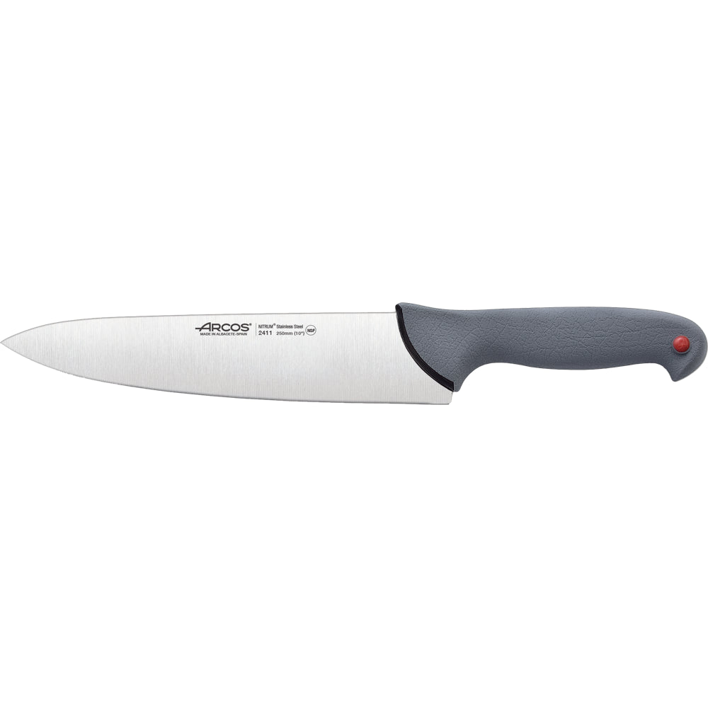Couteau de Chef Colour Prof 250mm Manche Polypropylène/Elastomère Arcos Chaque couteau peut être identifié selon laliment à couper avec les clips de couleur en polypropylène, permettant un meilleur contrôle sanitaire pour les consommateurs, basé sur les normes européennes.