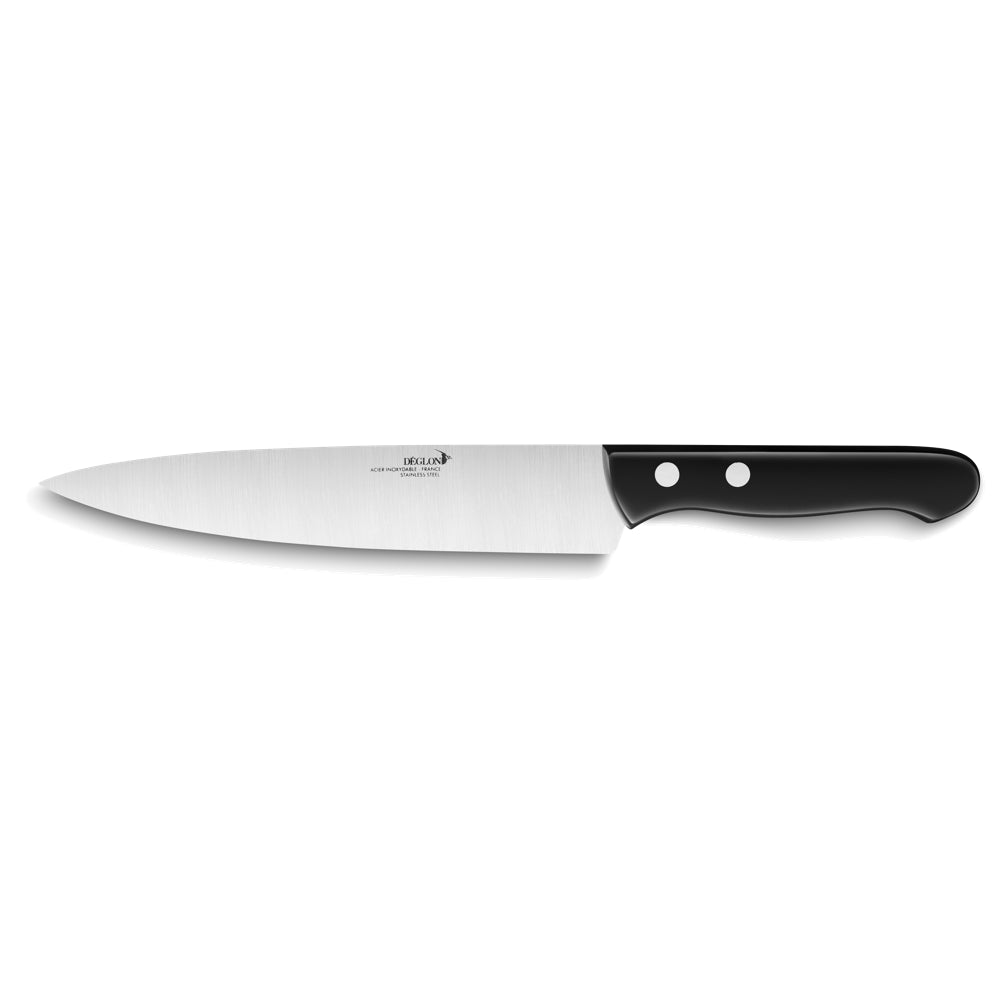 Couteau de Chef Darkwood Éminceur Manche Bois Deglon Un couteau simple et efficace, fabriqué avec une lame en acier inoxydable et un manche en bois pressé. Deux rivets tubulaires en aluminium renforcent sa solidité.