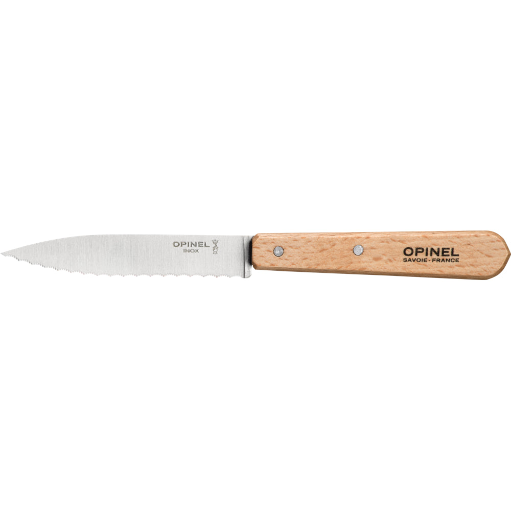 Couteau d'office Cranté n°113 Hêtre Manche Hêtre Opinel Sa lame microdentée est idéale pour trancher et découper tomates, saucisses, oeufs durs. Il est également efficace comme couteau à steack. Livré par 6.