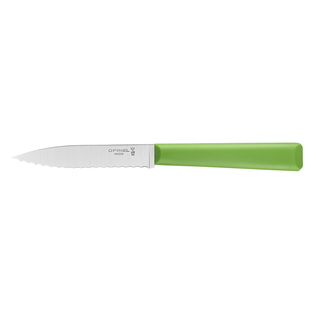 Couteau d'office cranté n°313 Vert Lame 100mm Manche Polymère Opinel Sa lame microdentée est idéale pour trancher et découper tomates, saucisses, oeufs durs. Il est également efficace comme couteau à steack. Résiste au lave-vaisselle.