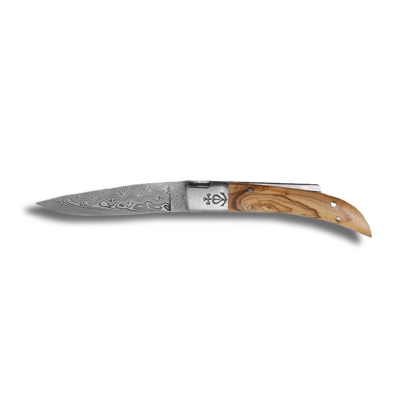 Couteau de poche Trident Forgé Lame Damas n10 avec manche en bois d'olivier - Le Camarguais