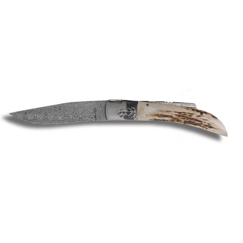 Couteau de poche Trident Forgé Lame Damas n12 avec manche en bois de cerf - Le Camarguais