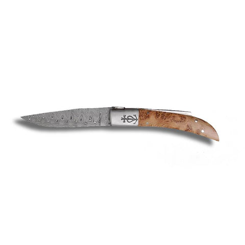Couteau de poche Trident Forgé Lame Damas n12 avec manche en Cade - Le Camarguais