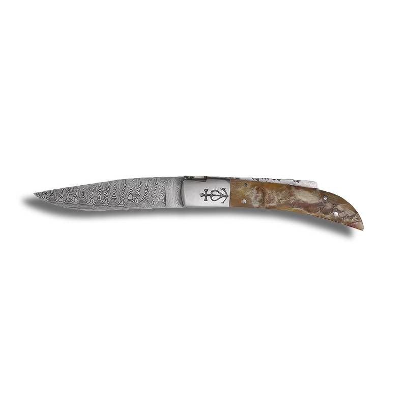 Couteau de poche Trident Forgé Lame Damas n12 avec manche en Corne de Belier - Le Camarguais
