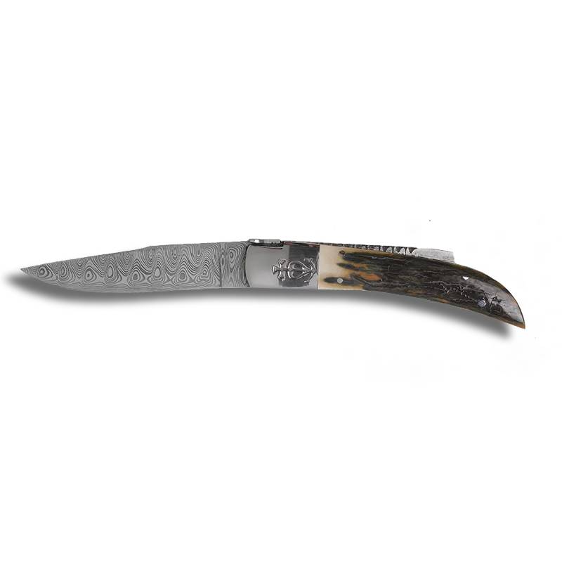 Couteau de poche Trident Forgé Lame Damas n12 avec manche en Ivoire de Mammouth - Le Camarguais
