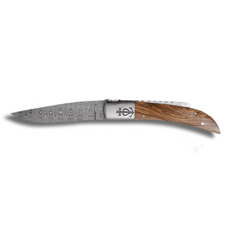 Couteau de poche Trident Forgé Lame Damas n12 avec manche en bois d'olivier - Le Camarguais