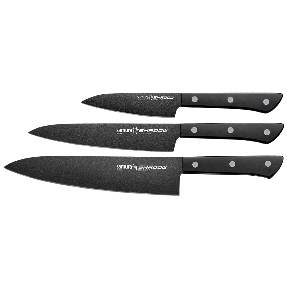Set de Couteaux SHADOW Coffret 3 couteaux Manche ABS Samura Lame avec revêtement antiadhésif noir.