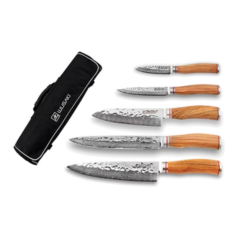 Set de couteaux de cuisine 5 Pièces avec lame VG10 et manche en bois d'olivier et trousse de voyage- Wusaki
