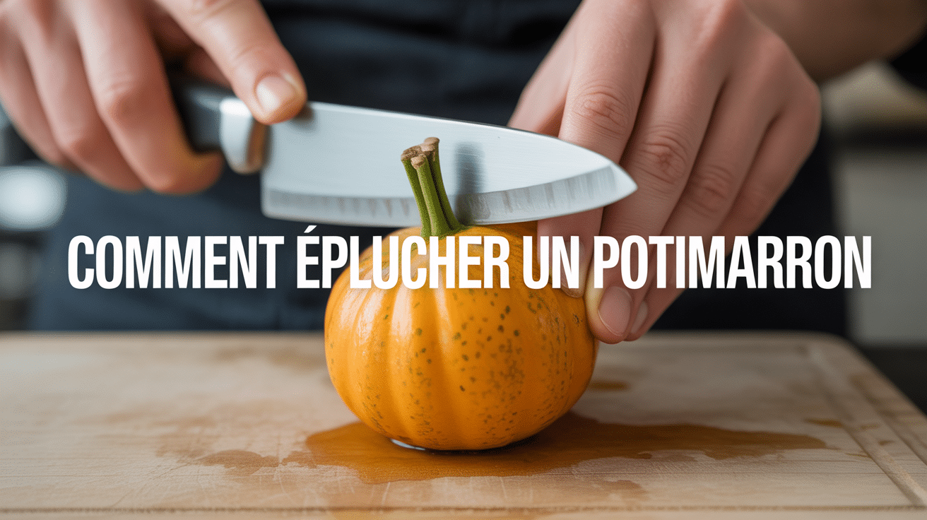 Potimarron orange et couteau de chef prêts à être utilisés
