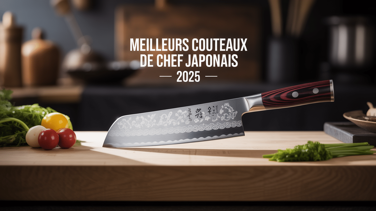 Couteau japonais de chef sur bois avec légumes, top 10 couteaux
