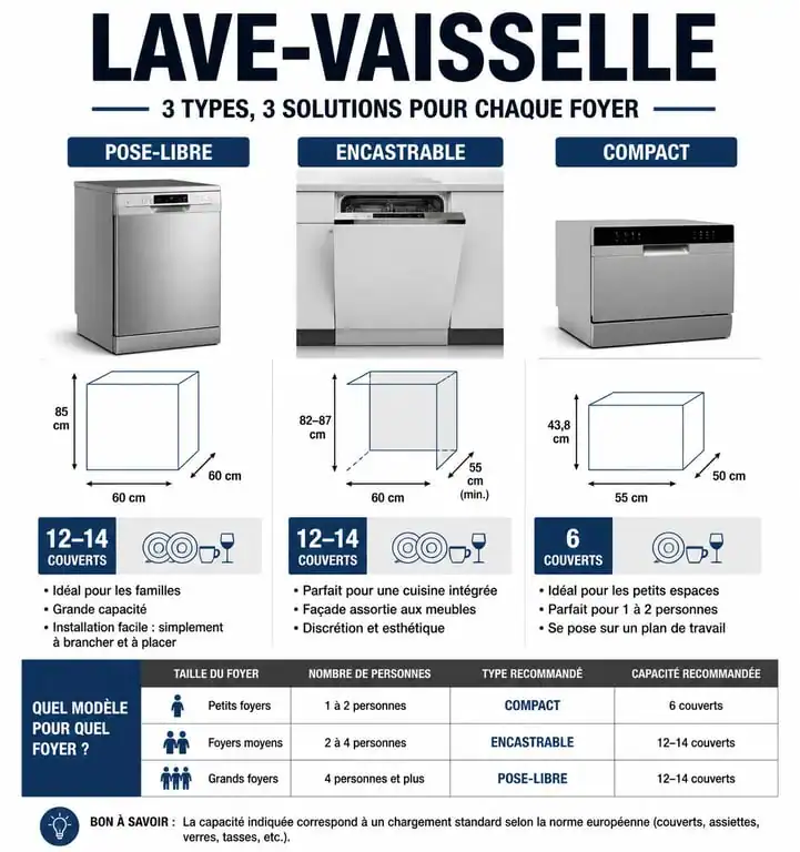 Infographie comparative pour choisir son lave-vaisselle selon la taille du foyer et les dimensions