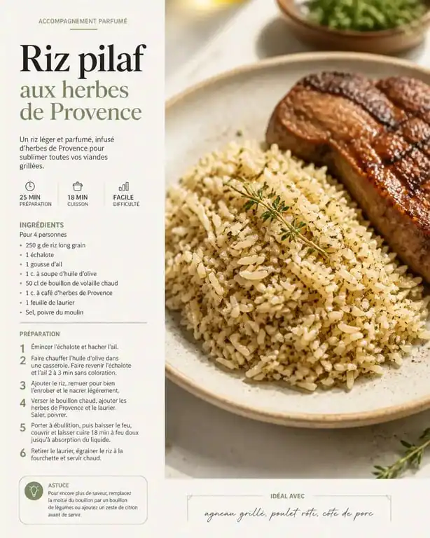 Riz en accompagnement : recette de riz pilaf aux herbes de Provence dans une assiette élégante