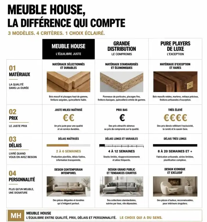 Infographie comparative : Meuble House vs Grande Distribution vs Luxe pour choisir son mobilier