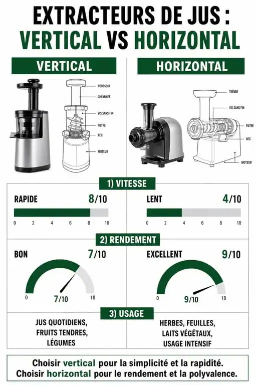 Infographie comparative des extracteurs de jus verticaux et horizontaux pour choisir le meilleur modèle.