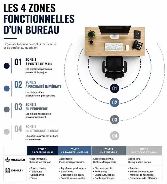 Infographie des zones fonctionnelles pour organiser un bureau efficacement