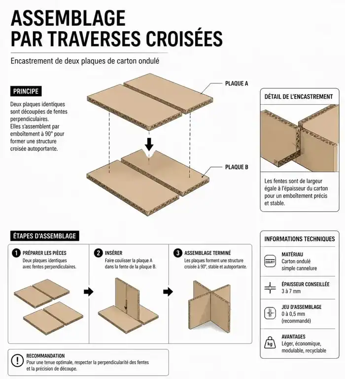 Schéma technique de l'assemblage par traverses croisées pour la fabrication d'un meuble en carton