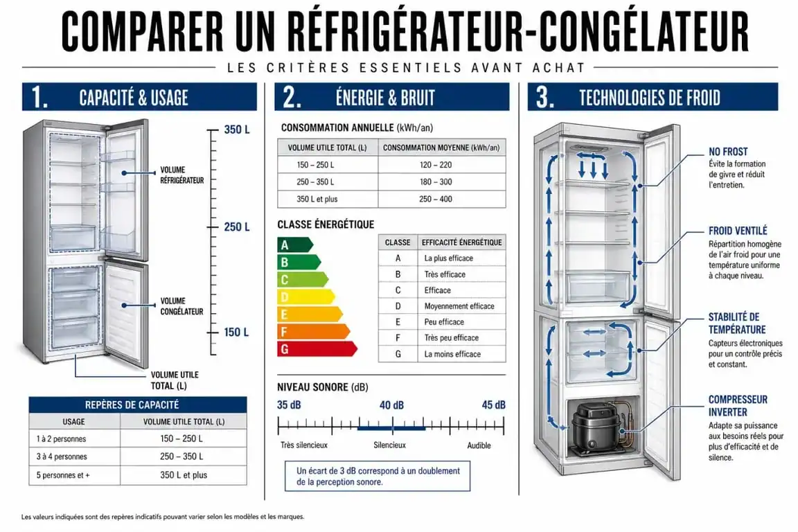 Comparatif réfrigérateur congélateur : critères de choix entre volume, consommation et technologies de froid