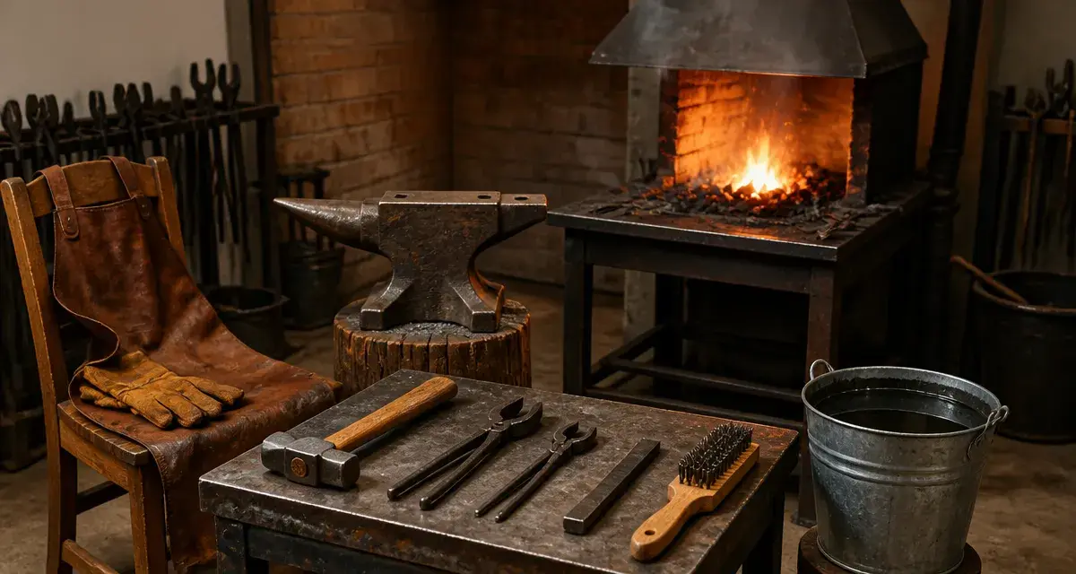 Équipement de forge avec marteau, enclume et métal chauffé