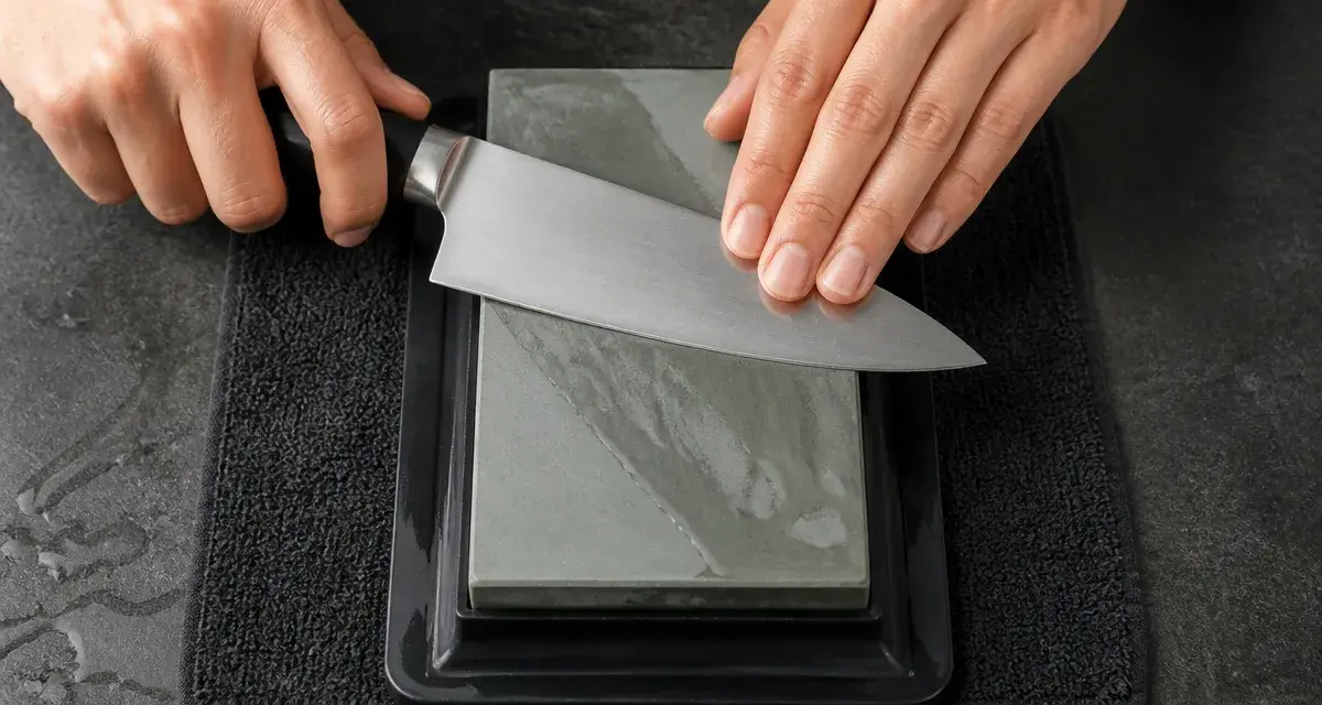 Angle correct d'aiguisage d'un couteau de chef