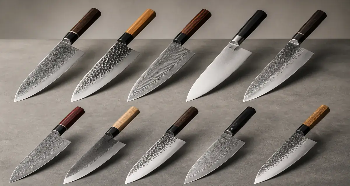 Trois couteaux japonais Gyuto Santoku Bunka, pierre aiguisage