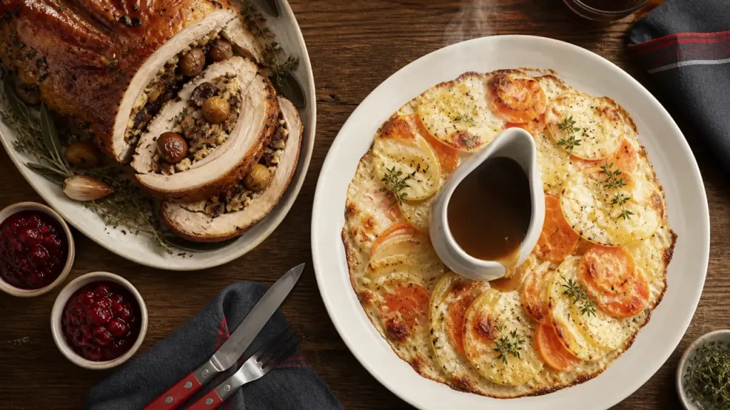 Quel accompagnement pour un chapon farci ? Gratin fondant, légumes rôtis et sauce courte