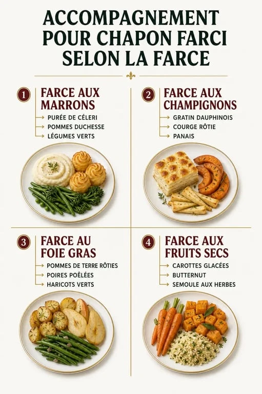 Accompagnement pour chapon farci : tableau visuel des garnitures selon la farce