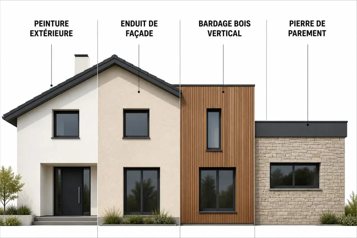 Solutions rénover ou embellir façade : comparaison visuelle de peinture, enduit, bardage et pierre de parement