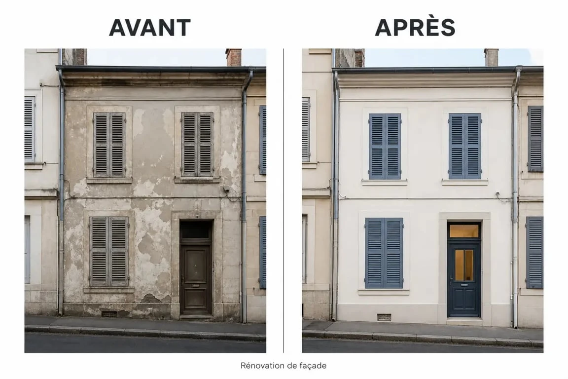 Solutions rénover ou embellir façade : avant et après rénovation d’une maison avec enduit clair et volets repeints