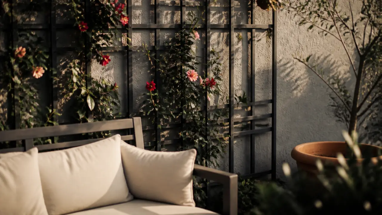 Idee pour cacher un mur exterieur : treillis en bois et clématite sur mur gris
