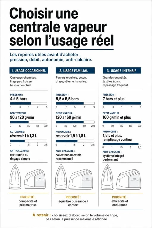 Comment choisir une centrale vapeur : infographie comparative des critères de choix selon l’usage