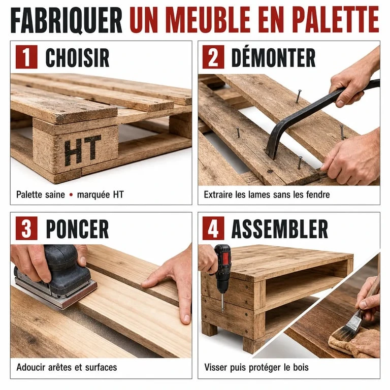 Fabriquer meuble palette : étapes de préparation, démontage, ponçage et assemblage d'une palette en meuble