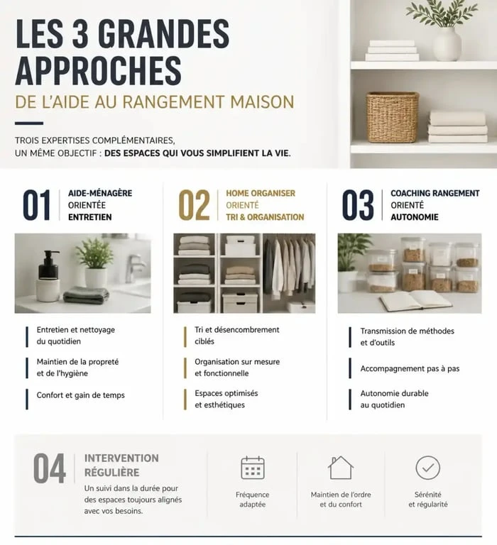 Aide rangement maison : différences entre aide-ménagère, home organiser et coaching rangement