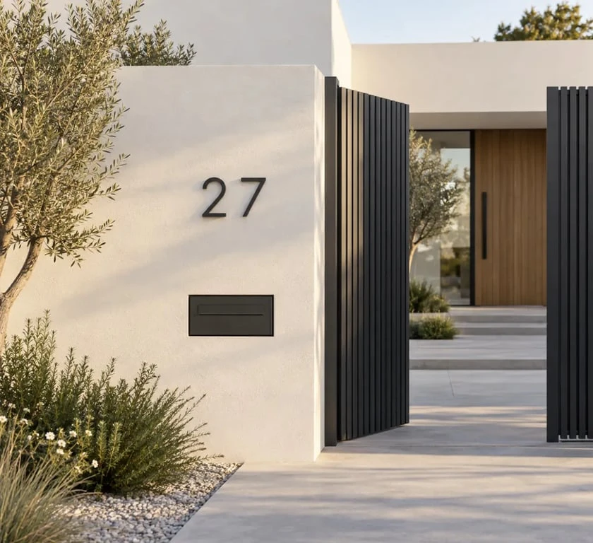 Numéro de maison design noir mat sur façade contemporaine, visible depuis la rue