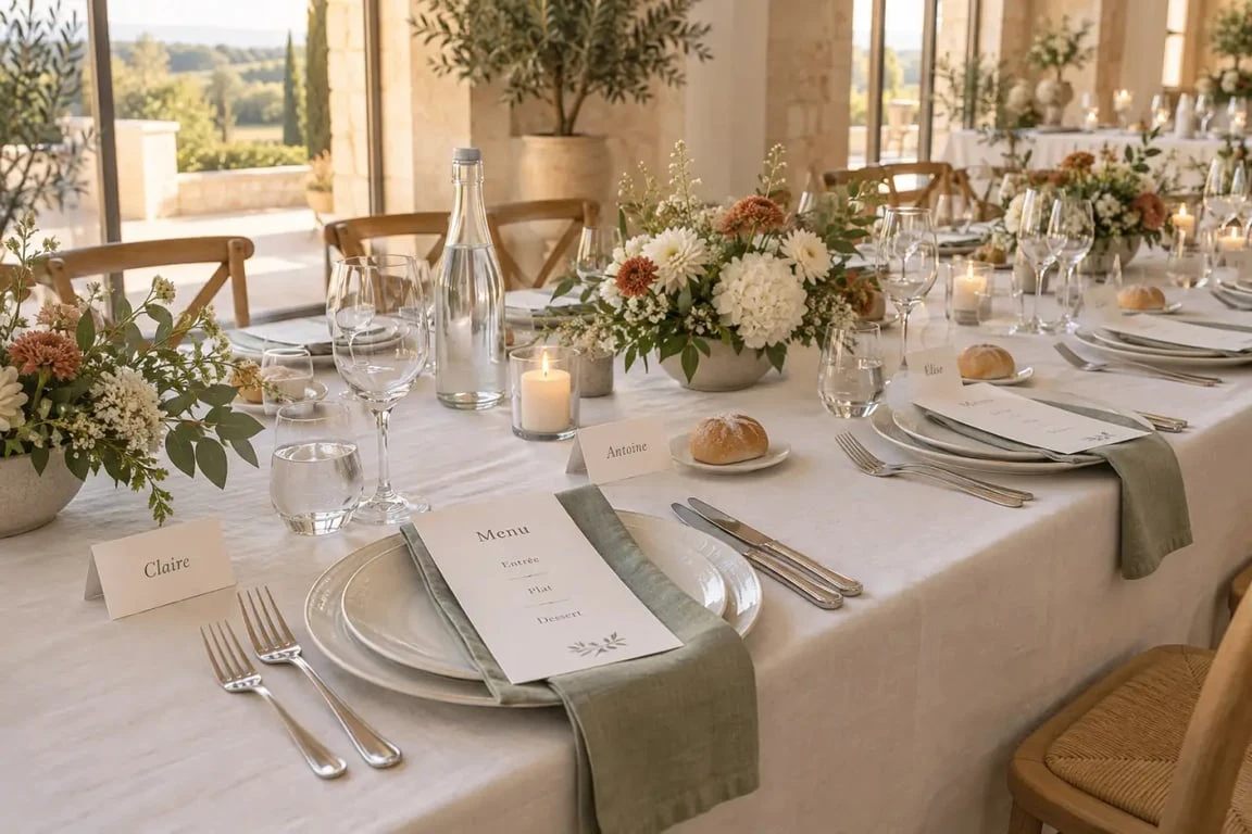 Decos de mariage sur une table complète avec centre de table bas et espace prévu pour le service