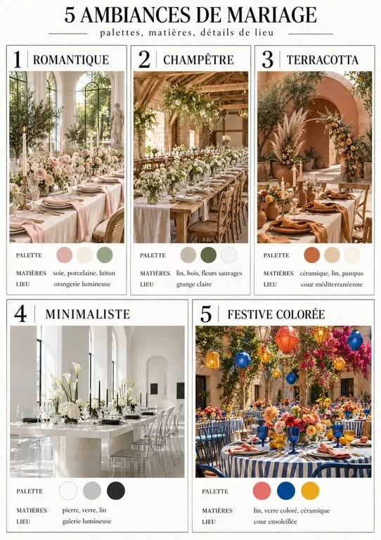 Idées de decos de mariage dans cinq styles : romantique, champêtre, terracotta, minimaliste et coloré