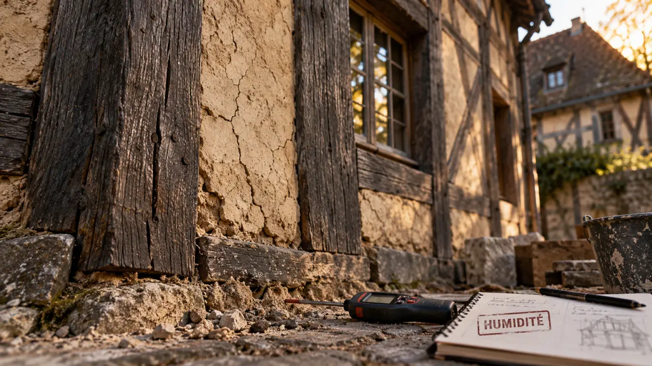 Colombage maison : fissures d’humidité sur façade en torchis et bois