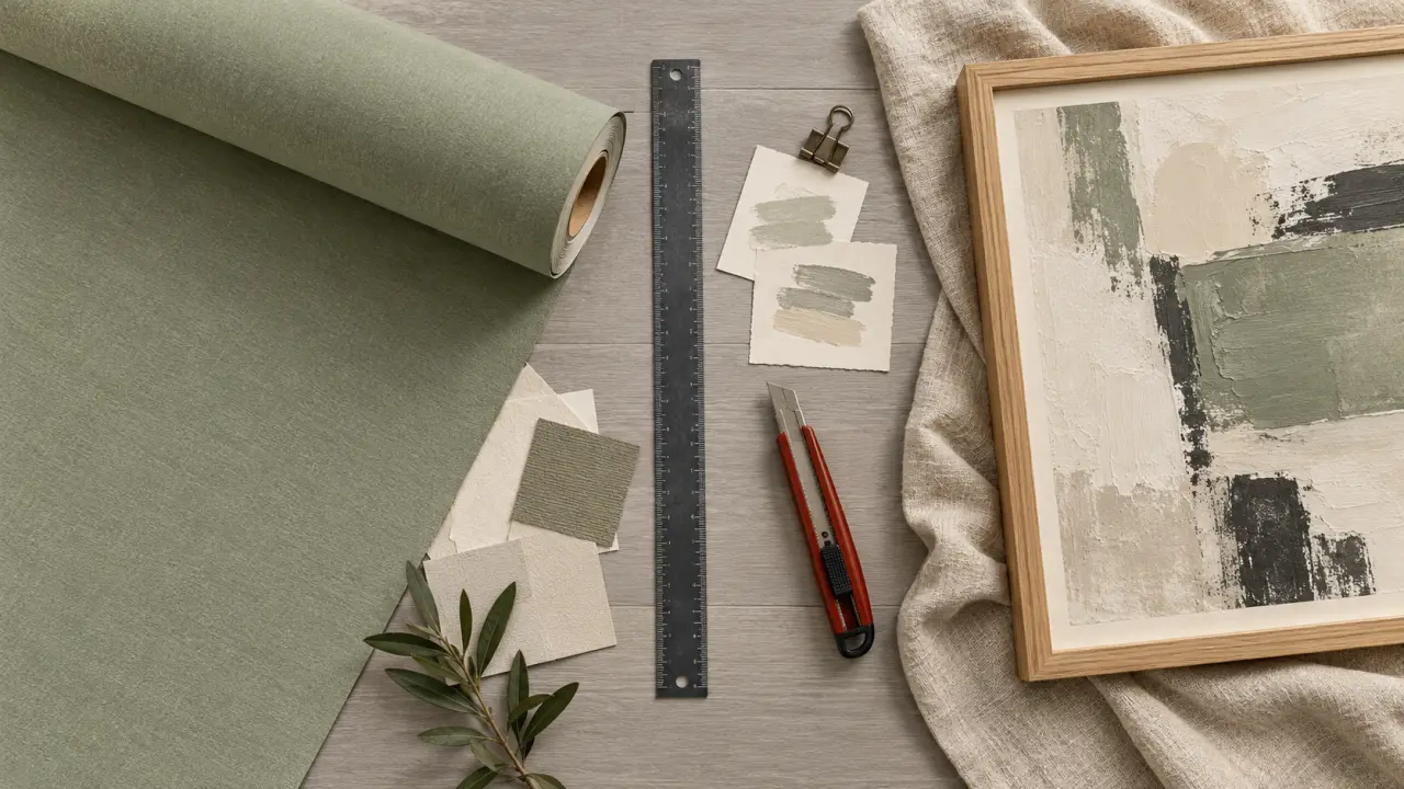 Decoration murale vert sauge : papier peint mate et tableau bois clair