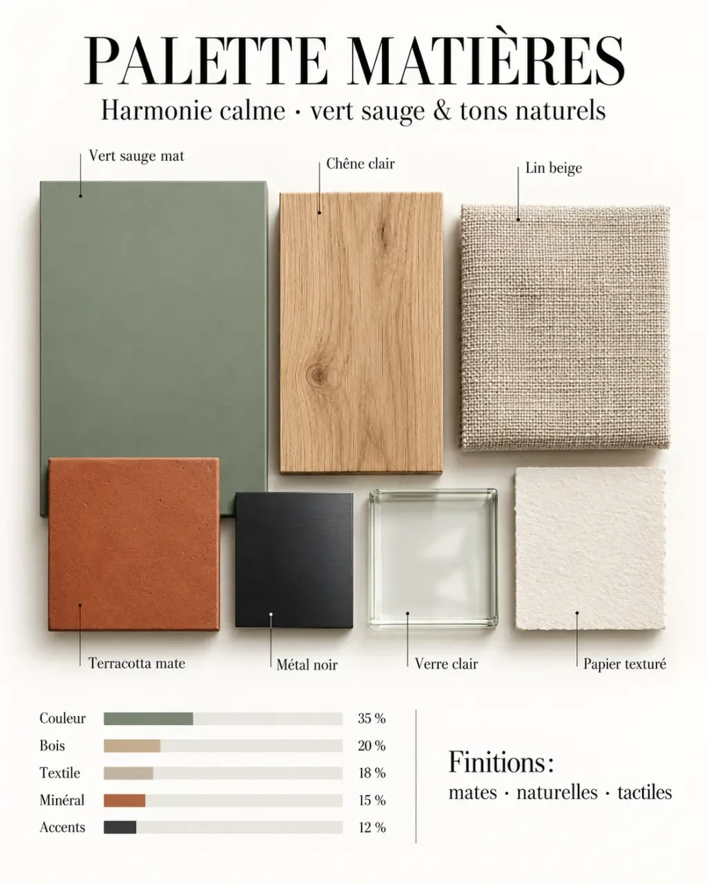 Guide visuel des associations de couleurs et de matières pour une décoration murale vert sauge